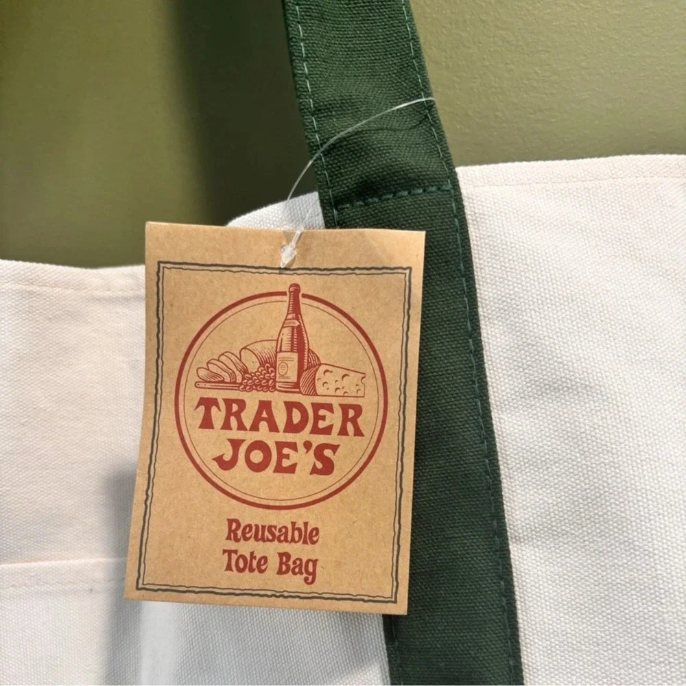 Trader Joe's Reusable Canvas Tote Bag Cream Green Embroidery 0080 9160